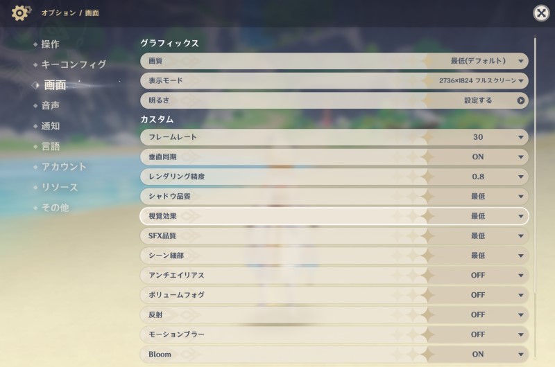 ★9.グラフィックスの設定は「設定(Esc)」から「画面」で変更可能