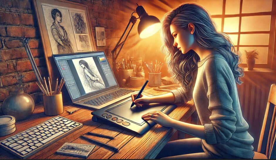 ★ノートパソコンでイラストを描く女性のイメージ