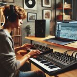 ノートパソコンを使って音楽制作をしている若者