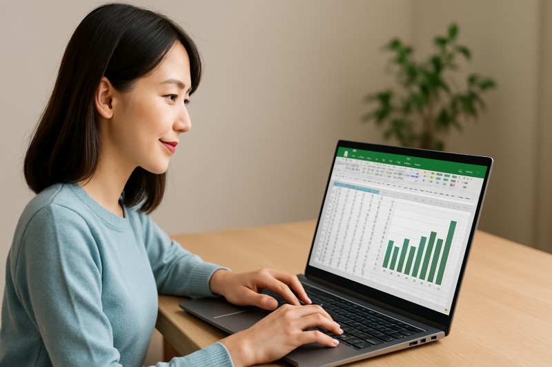 Microsoftのオフィスをノートパソコンで使っている女性