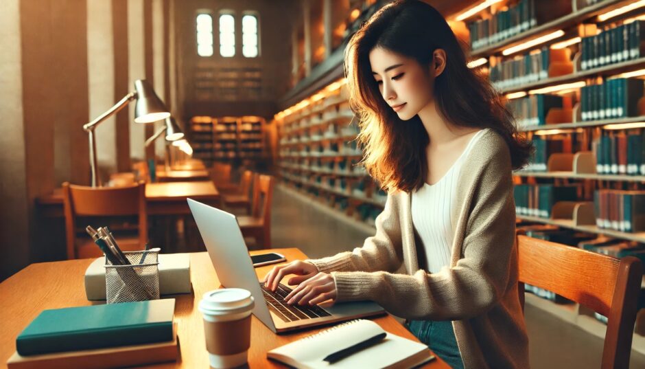 大学の図書館でノートパソコンで作業をする学生