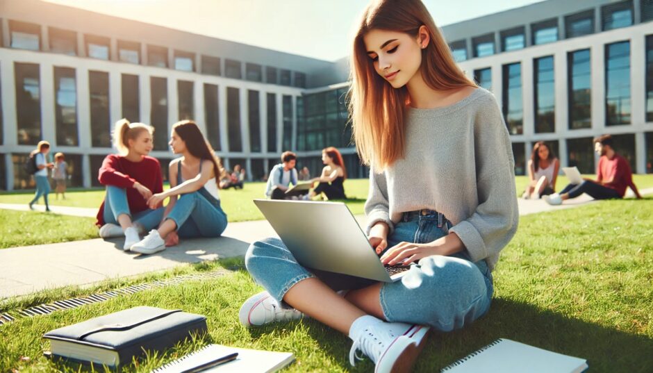 大学キャンパス内でノートパソコンでワークする大学生女子