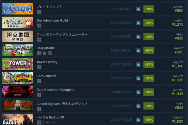 STEAMのセール時は70%OFFなどの大幅割引になっている作品も多い