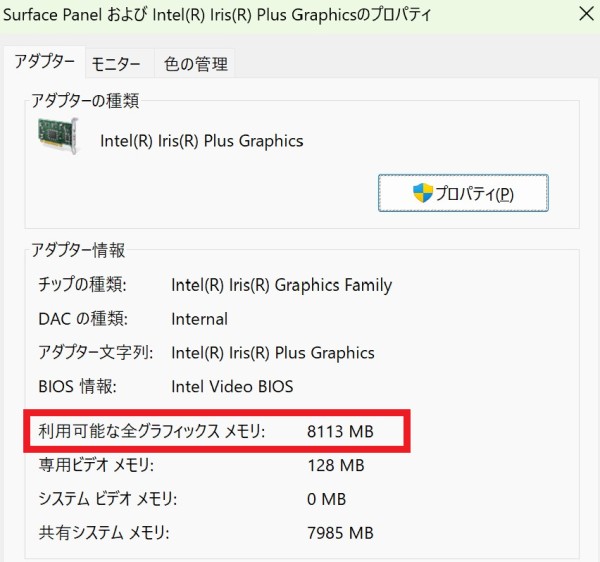 グラフィックスメモリの数字が確認可能