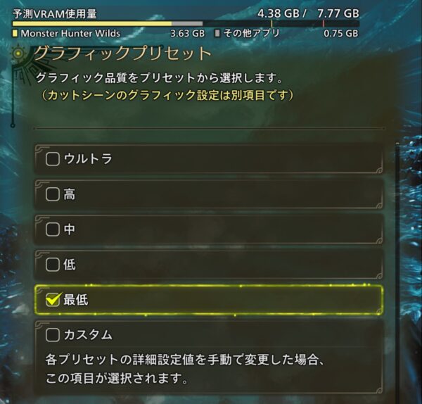 グラフィック設定「最低」での予測VRAM