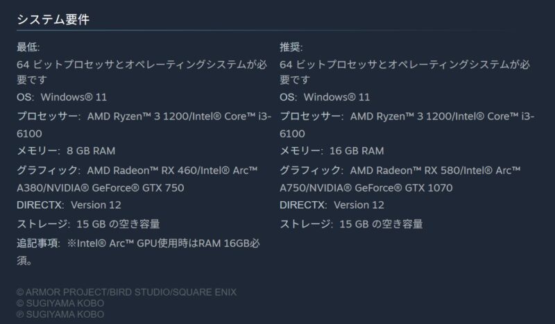 STEAM公式に記載されているドラゴンクエスト7リメイクのSTEAM版のシステム要件のスクリーンショット