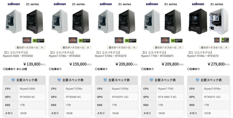 2026年6月に実施のOZ Gamingの期間限定セール「夏のボーナスセール」のセール対象モデルのラインナップとスペック＆特価価格一覧