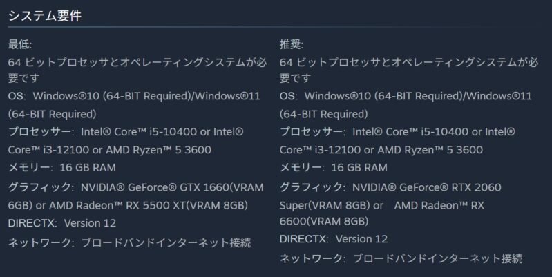 STEAM公式に記載されているモンスターハンターワイルズアセンダンスのSTEAM版のシステム要件のスクリーンショット
