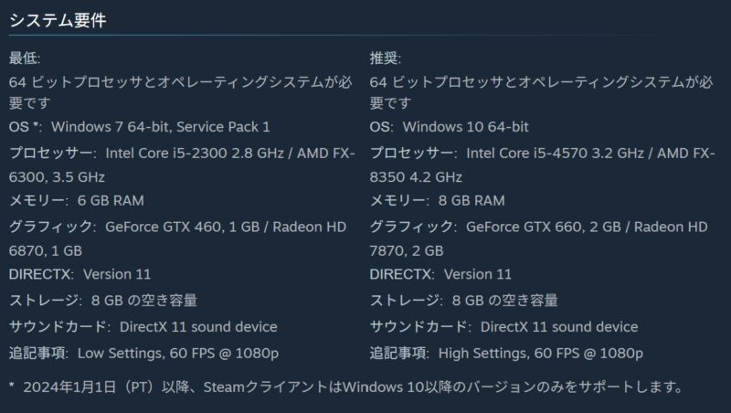 STEAM公式に記載されているダークソウルのSTEAM版のシステム要件のスクリーンショット